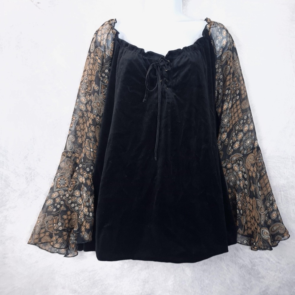 Vntg Y2K Top Womens 22/24 Black Velvet Paisley Bell Sleeve Whimsy Goth Peasant